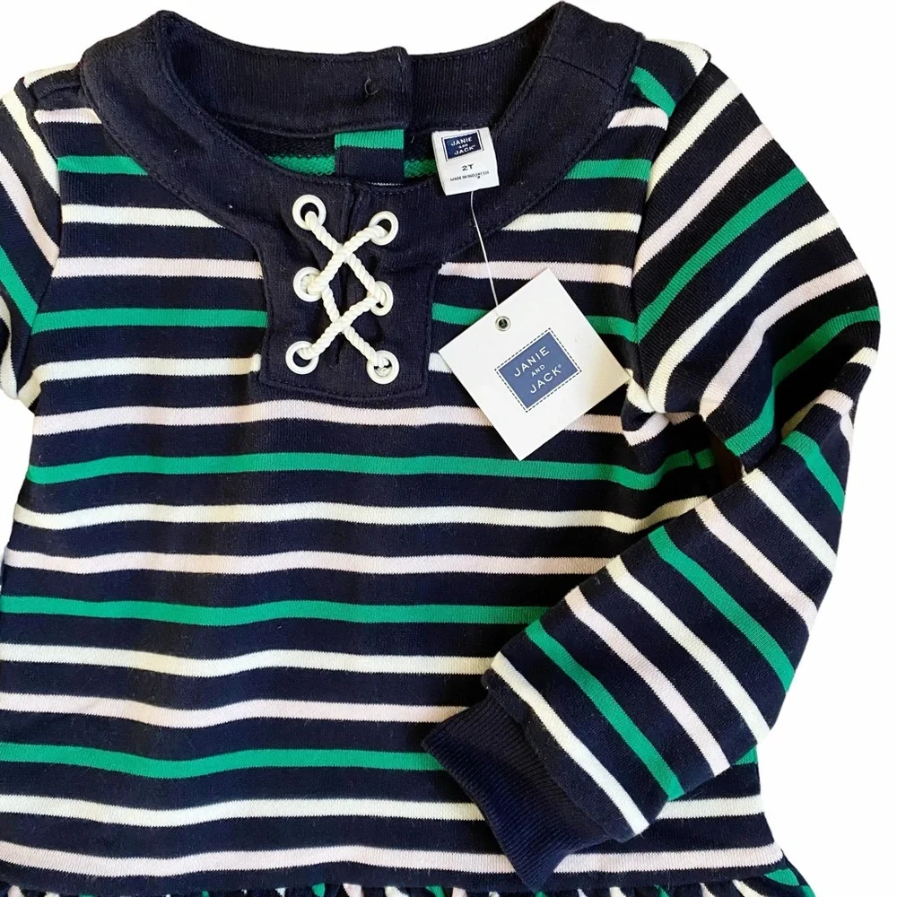 NWT Janie and Jack Dress Long Sleeve Sweatshirt Blue Green White Pink Stripe 2T